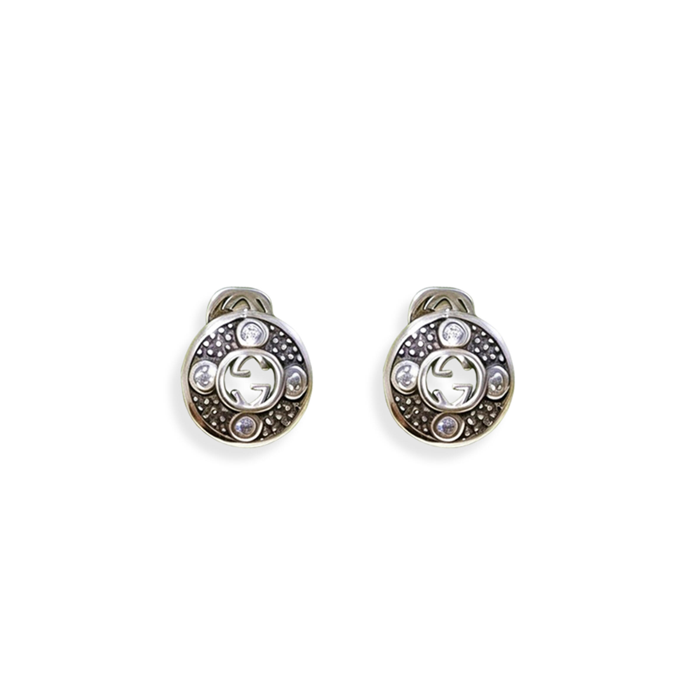 GUCCI DOUBLE C SILVER ROUND BUTTON EARRINGS 